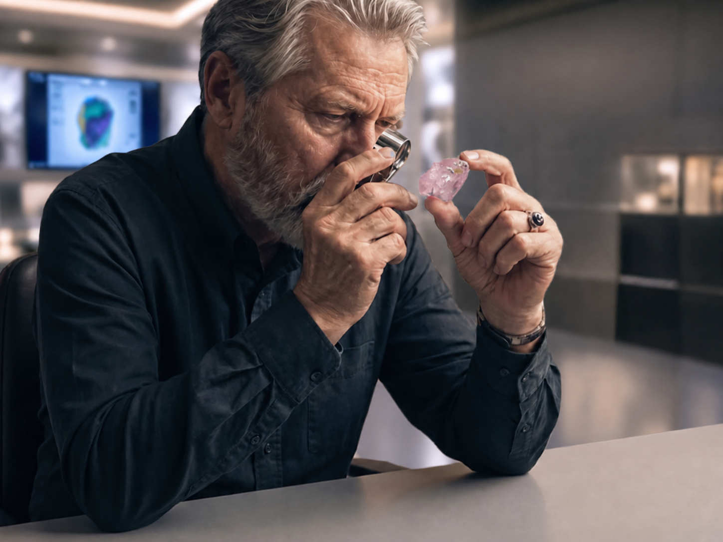 Gemologist carefully examining a gemstone